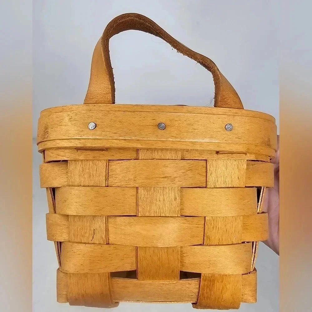 Longaberger VTG 1995 7" Mini Basket w/ Double Leather Handle Handwoven Ohio USA - Picture 3 of 14